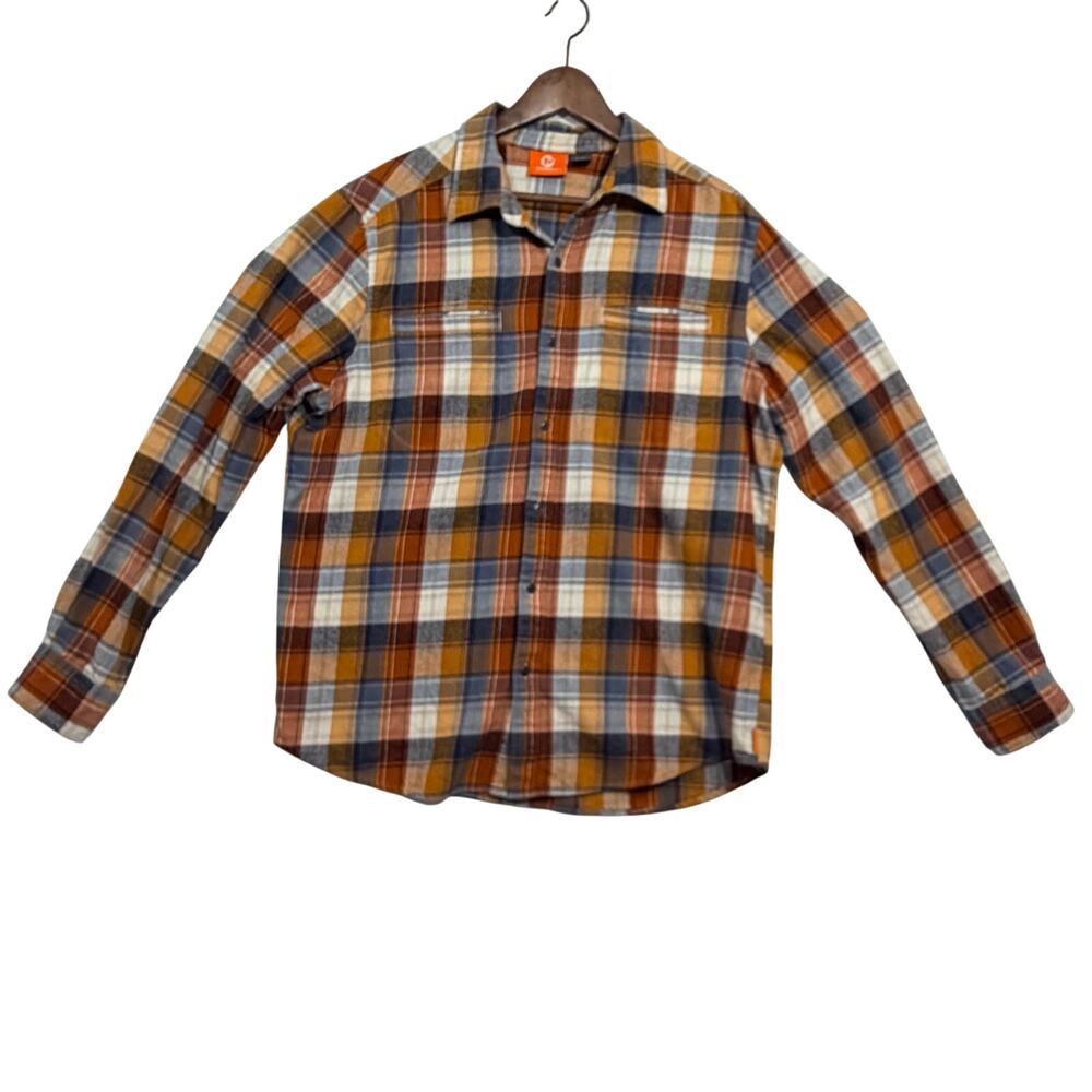 Merrell Men's Orange Blue Plaid Long Sleeve Button Down Shirt Size L EUC